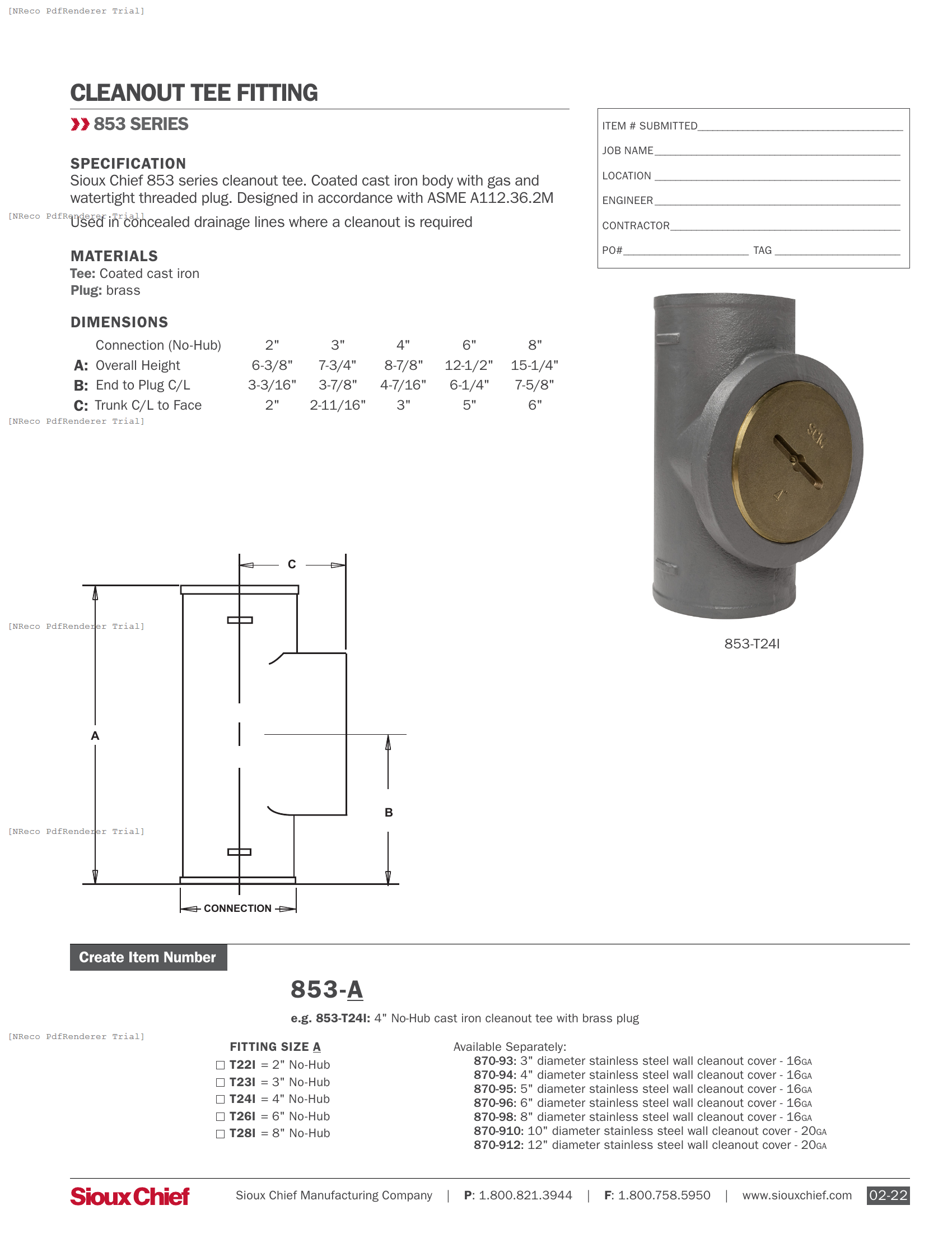 853 SERIES - CLEANOUT TEE FITTING - SPEC SHEET.PDF Specification Document